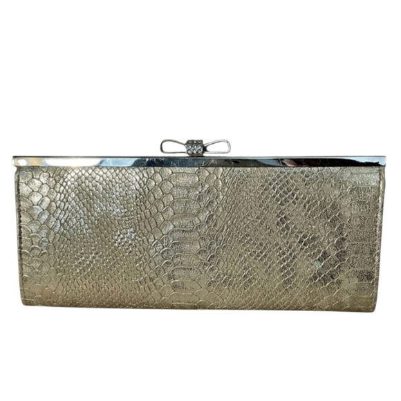 INC International Concepts "Carolyn" Gold Snake Print Rhinestone Bow Clutch NWOT - Picture 9 of 9
